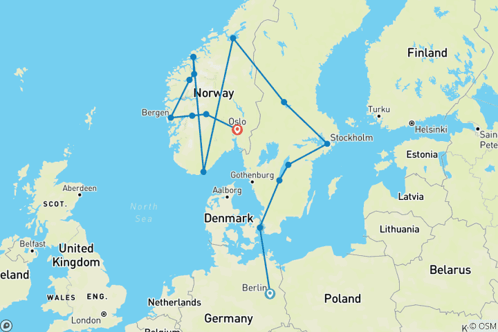 Kaart van Noordse rondreis – vanuit Berlijn (inclusief Berlijn)