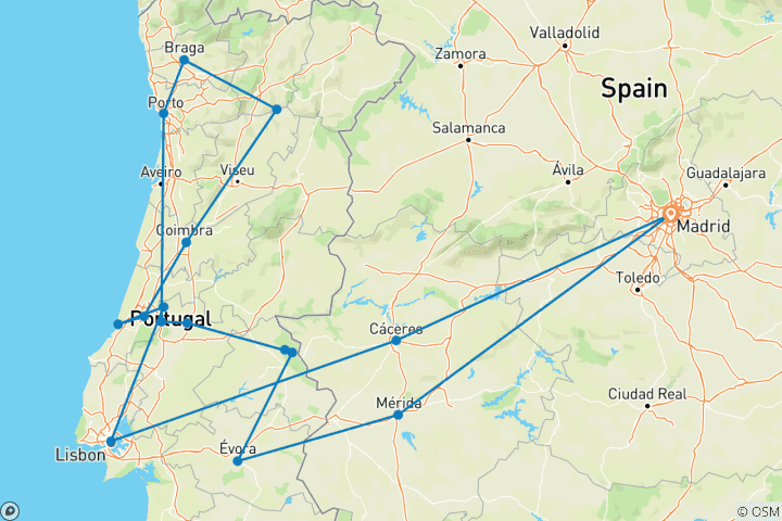 Map of Northern and Southern Portugal (17 destinations)