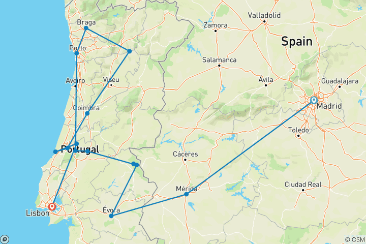 Carte du circuit Nord et sud du Portugal et Lisbonne (15 destinations)