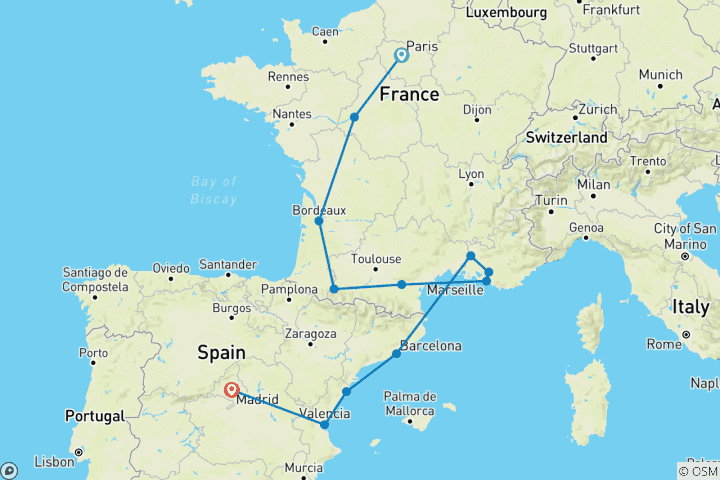 Mapa de París, Lourdes, costa Azul, Provenza y Barcelona con Madrid (12 destinations)