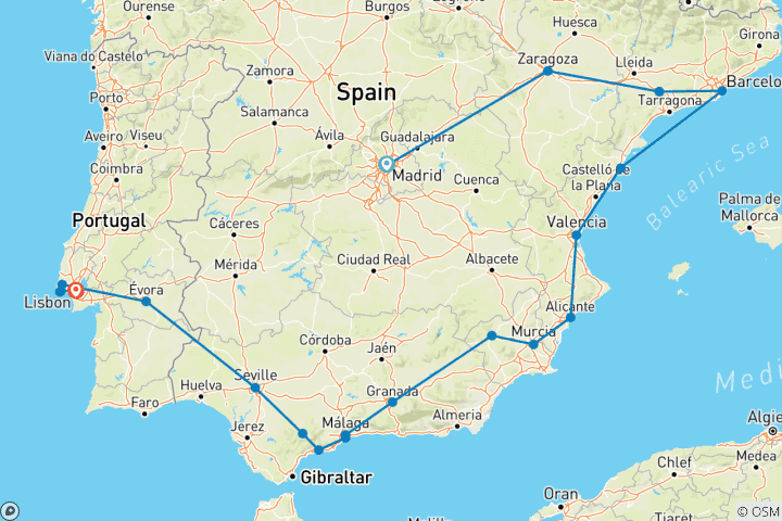 Map of Spanish Ring with Lisbon (without Alhambra) (21 destinations)