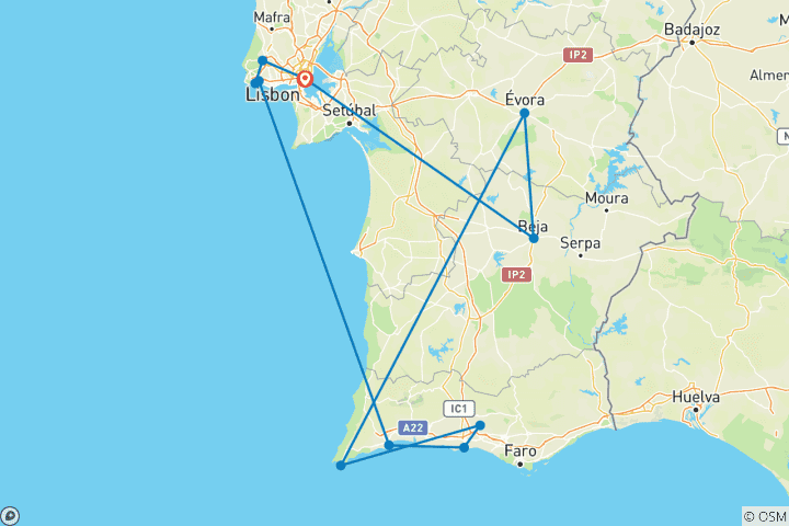 Map of Southern Portugal with Lisbon (11 destinations)