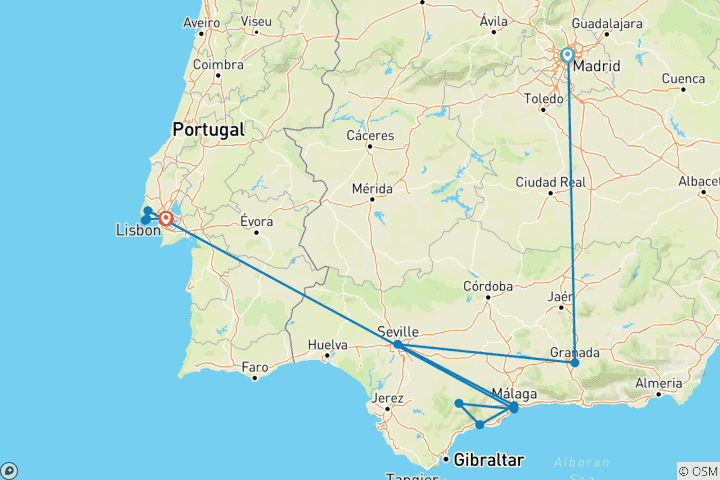 Carte du circuit Sud de l'Espagne avec Lisbonne (12 destinations)