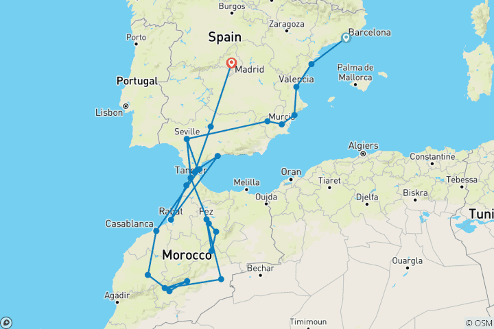 Mapa de España y el mágico Marruecos (32 destinations)