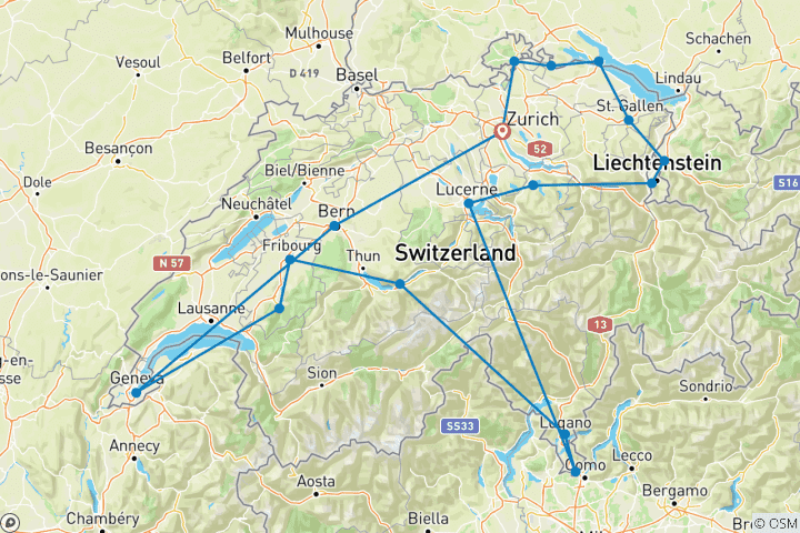 Carte du circuit Suisse (17 destinations)