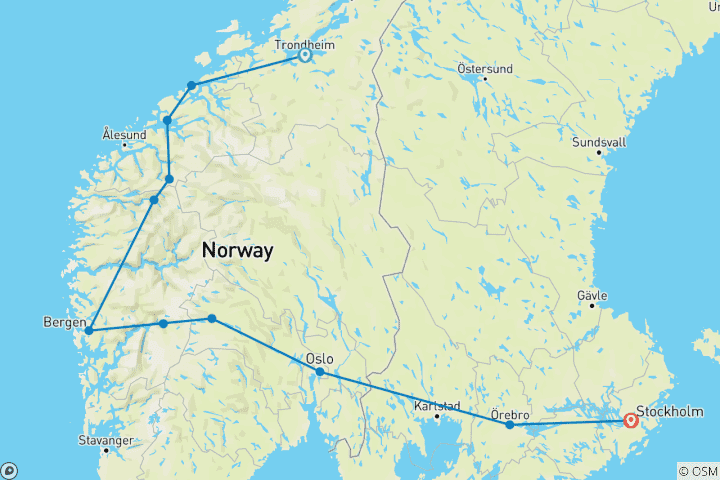 Carte du circuit La belle Norvège - Fin à Stockholm