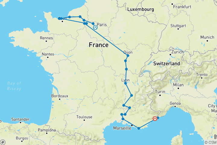 Carte du circuit La Grande France avec 2 nuits dans la Côte d'Azur ( vers le sud)