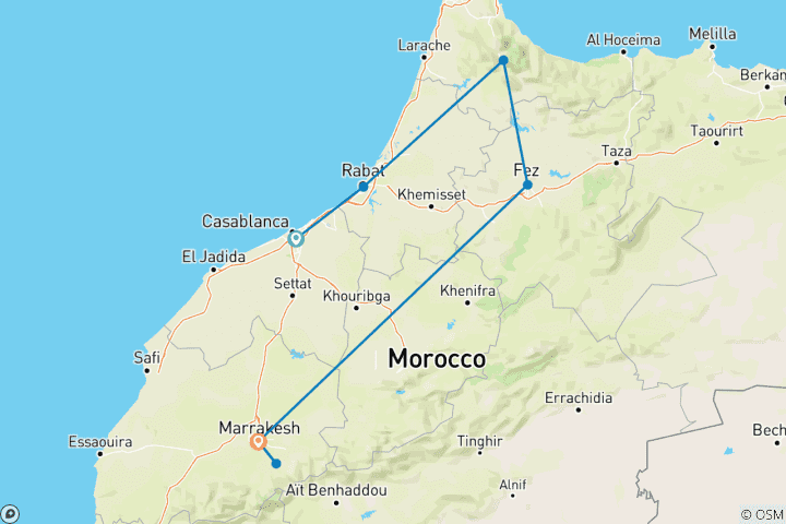 Map of 8-Day Journey from Casablanca to Marrakech.