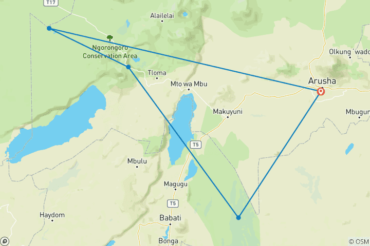 Map of 5-Day Safari in Tanzania - Calving Season in Ndutu Area