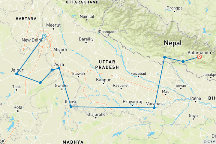 Map of Highlights of India & Nepal (from Delhi to Kathmandu)