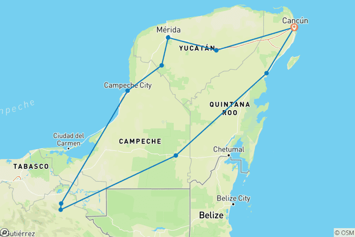 Carte du circuit MÉXIQUE : Tulum, Kohunlich, Chicanná, Becán, Misol-Há, Palenque, Campeche, Edzná, Uxmal, Mérida, Chichén Itzá - 5 jours