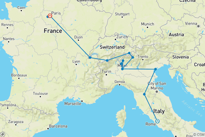 Map of COMBO ART CITIES of ITALY + MILAN to PARIS via THE ALPS from ROME