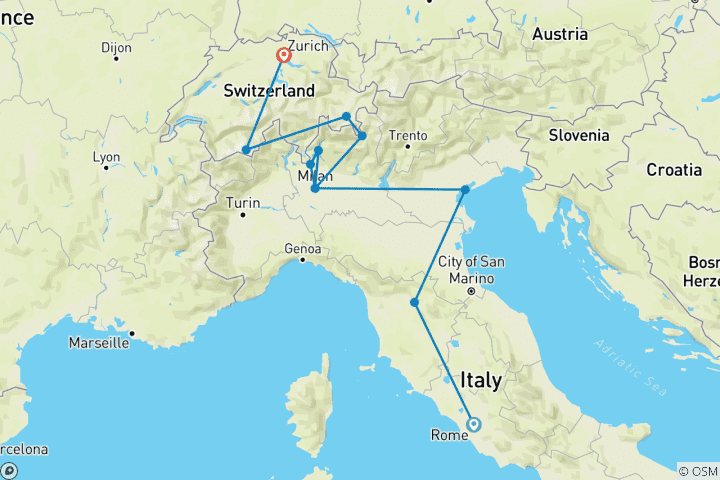 Map of COMBO ART CITIES of ITALY + TASTE of SWITZERLAND - from ROME