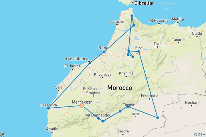 Kaart van 12 daagse rondreis Marokko vanuit Marrakech