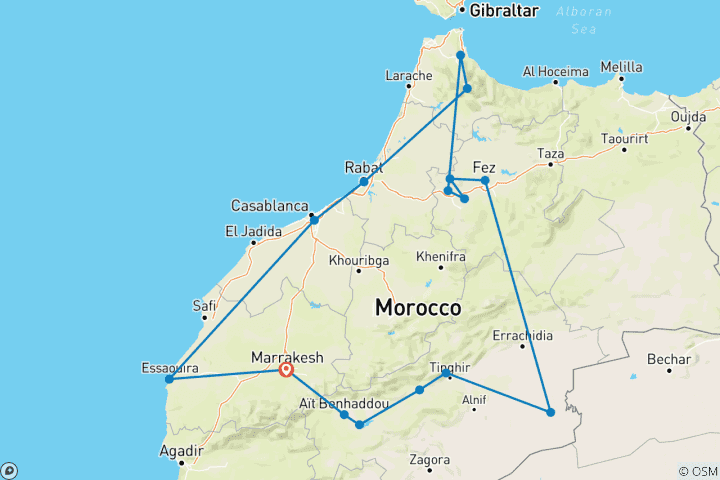 Kaart van Marokko rondreis 12 dagen vanuit Marrakech