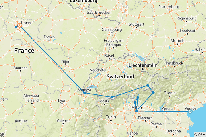 Map of COMBO VENICE + MILAN to PARIS via THE ALPS - from VENICE