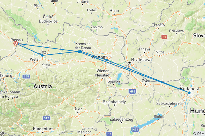 Kaart van Donau oudejaarsavond 2025 (7 bestemmingen)