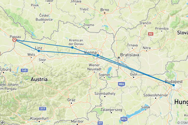 Kaart van Donau oudejaarsavond 2025 (6 bestemmingen)