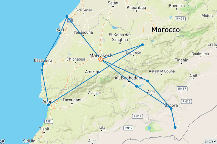 Kaart van 12 Daagse Sahara en kust vanuit Marrakech