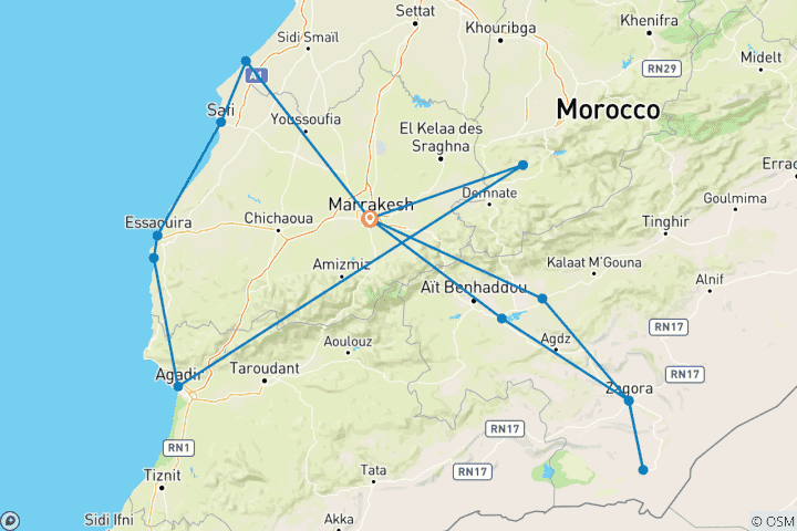 Kaart van Marrakech Marokko naar Sahara zand en kust charmes 12 daagse privéreis