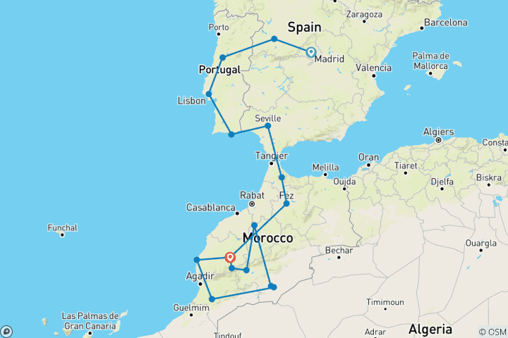 Map of Spain, Portugal & Morocco (from Madrid to Marrakesh)
