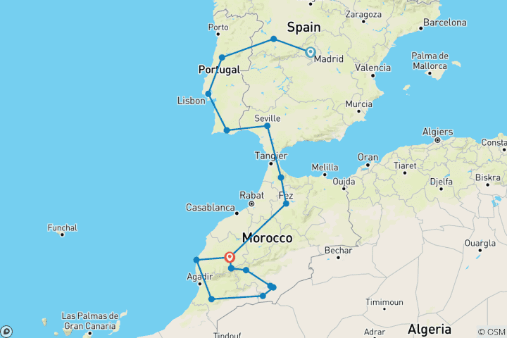 Map of Spain, Portugal & Morocco (18 destinations)