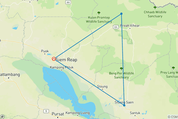 Map of 4-Day Incredible Cambodia Motorcycle Tour from Siem Reap to Preah Vihear, Tbeng Meanchey, Kampong Thom