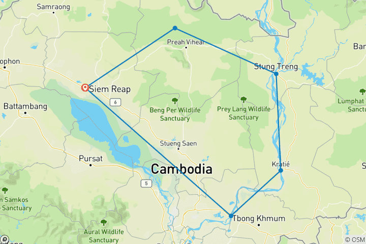 Carte du circuit Circuit en moto de 5 jours au Cambodge historique, de Siem Reap à Preah Vihear, Stung Treng, Kratie, Kampong Cham