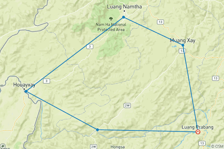 Map of Scenic Laos Motorbike Tour from Luang Prabang to Pak Beng, Houay Xai, Luang Nam Tha