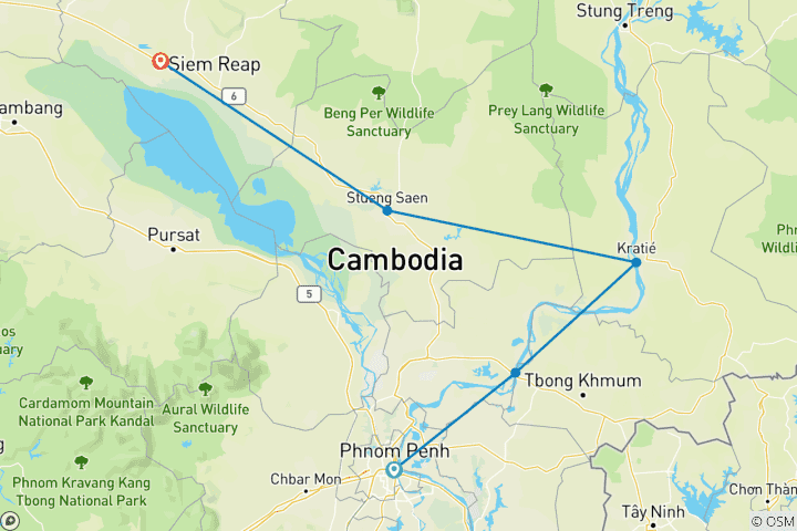 Map of 6-Day Laos Offroad Motorcycle Adventure in Cambodia from Phnom Penh to Kratie, Seam Reap