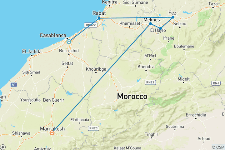 Kaart van Marokkaanse Express: Een driedaags avontuur van Casablanca naar Marrakech via Rabat, Fes, Volubilis en Meknes.