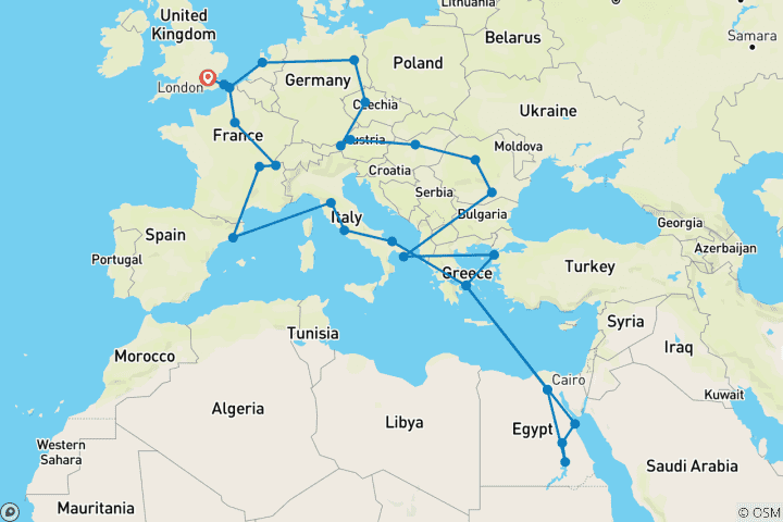 Map of Ultimate European (Egypt, Start Paris, 45 Days, Intra Tour Air Athens To Cairo)