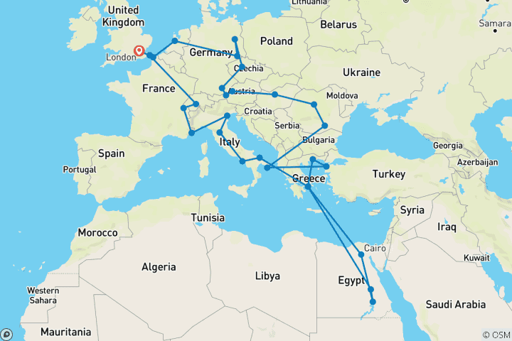 Kaart van Ultieme Europeaan (Egypte, start Parijs, 45 dagen, vluchtprijs Athene naar Caïro)