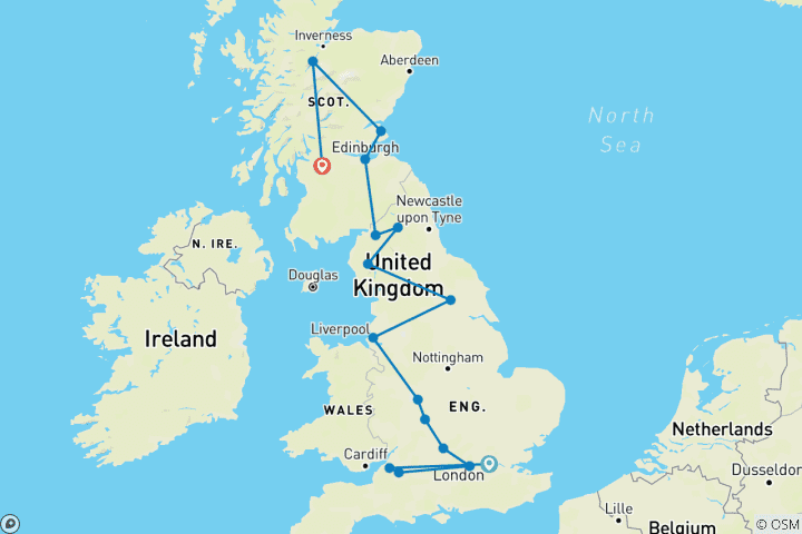 Kaart van Engeland en Schotland (Vanaf maart 2025, Einde Glasgow, 11 Dagen) (van Londen naar Glasgow)