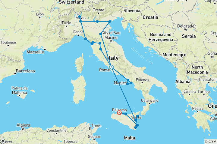 Map of Ultimate Italy (Standard, 22 Days, Intra Tour Air Rome To Catania)