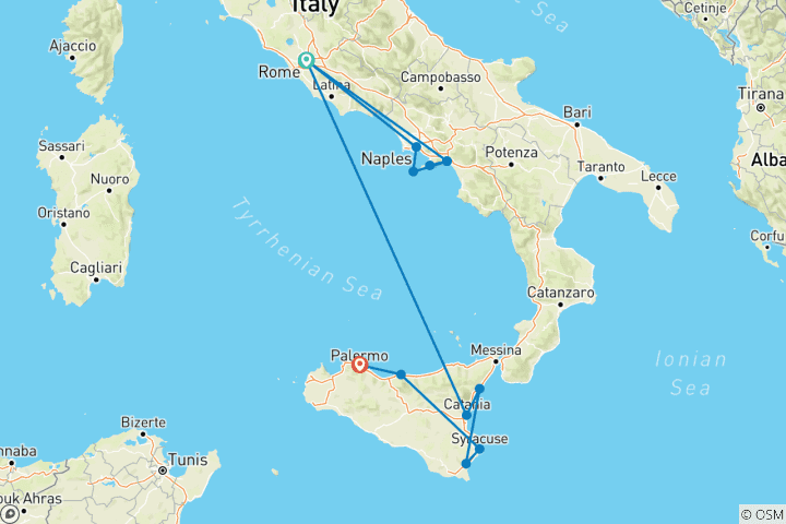 Map of Italian Escape and Sicily (Classic, Air Price Rome To Catania)