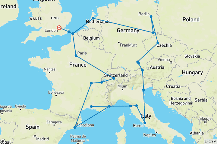 Carte du circuit Escapade européenne (standard, été, départ de Londres)