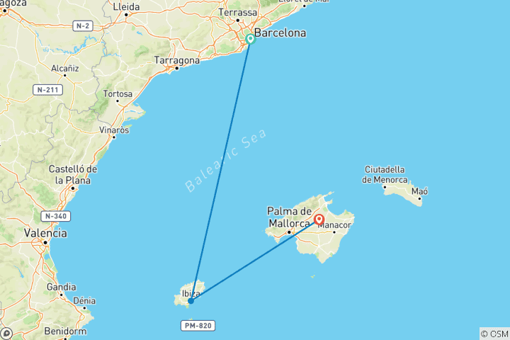 Karte von Barcelona, Ibiza und Mallorca (Stolz)