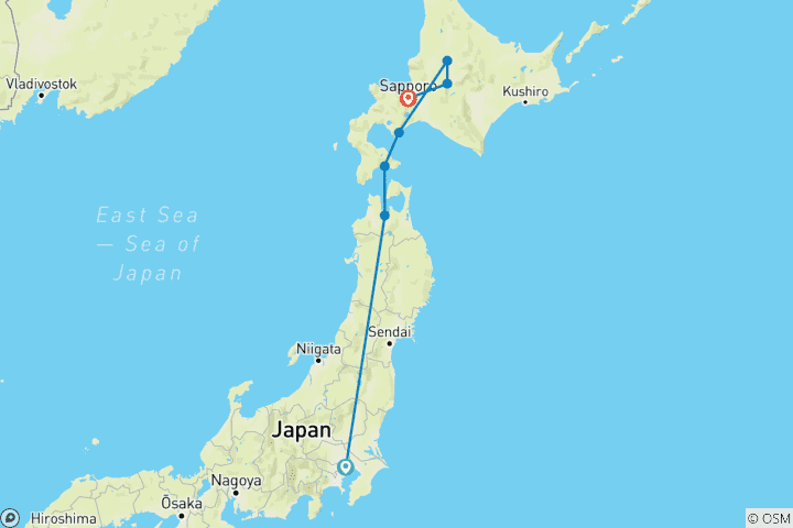 Carte du circuit Aventure au nord du Japon et à Hokkaido