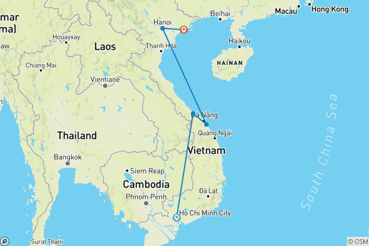 Map of 12 Days Vietnam Tour from South to North (private guide & driver）