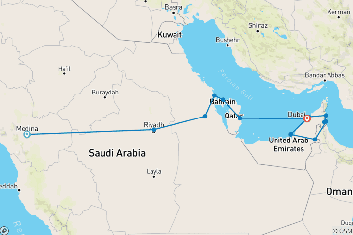 Carte du circuit Rêve arabe et perles du Golfe Persique (16 destinations)