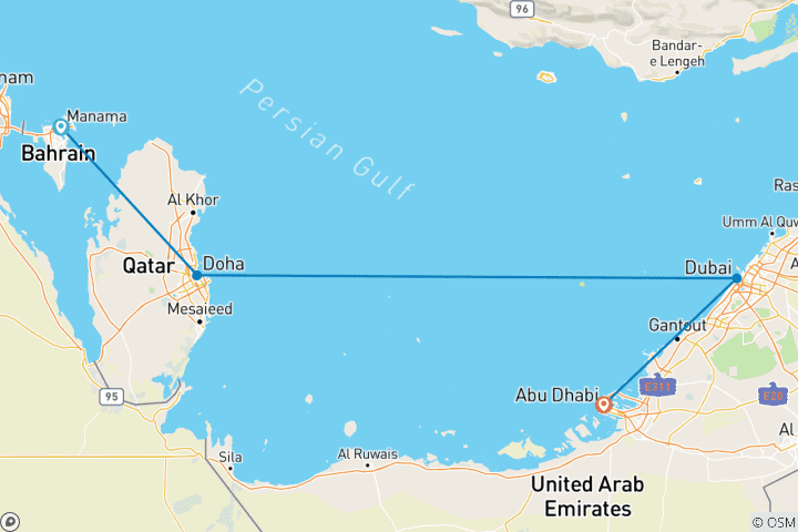 Map of Bahrain, Qatar, Dubai and Abu Dhabi (from Manama to Abu Dhabi)