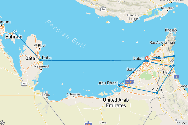 Map of Bahrain, Qatar, Dubai and Arab Emirates (from Manama to Dubai)