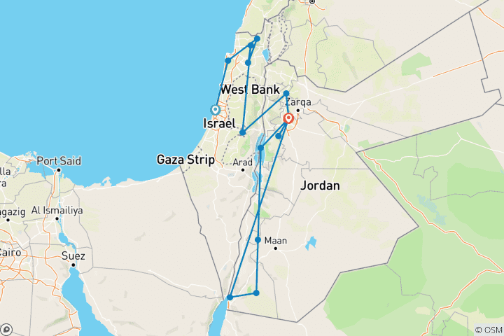 Map of Israel and Jordan (15 destinations)