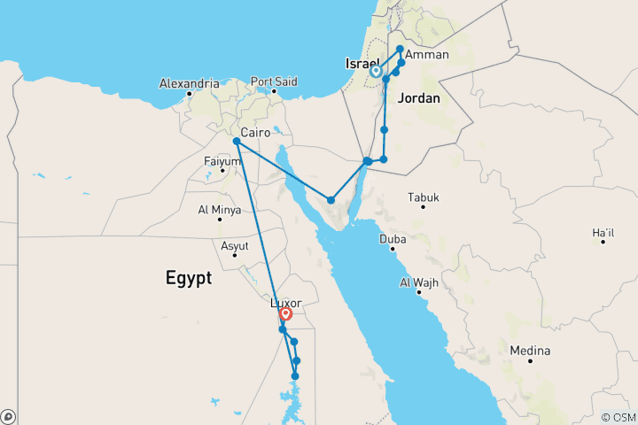 Kaart van Jeruzalem, Jordanië en de Nijlvallei (17 bestemmingen)