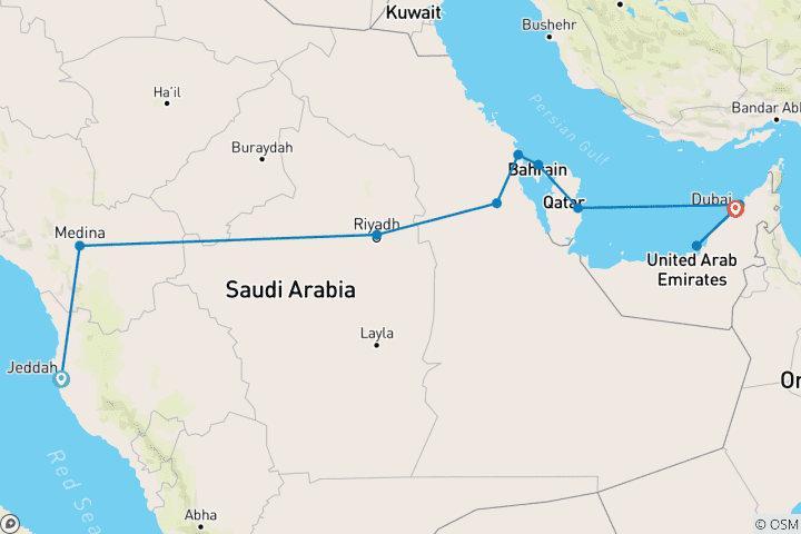 Map of Saudi Arabia with Bahrain, Qatar and Emirates end Dubai (10 destinations)