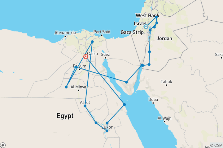 Karte von Jerusalem, Jordanien, die Geheimnisse des Nils und Hurghada (20 Destinationen)