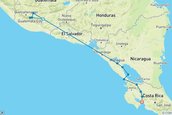 Map of 15 days throught Central America - Guatemala, Nicaragua, Costa Rica.