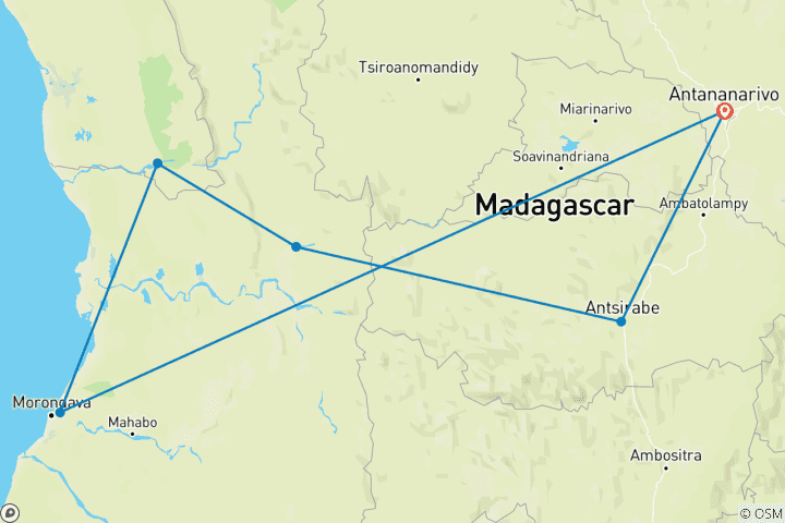 Map of Tsiribihina river trip, Tsingy de Bemaraha, and the Avenue of the Baobabs