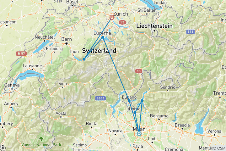 Map of LAKES and MOUNTAINS of SWITZERLAND – from MILAN